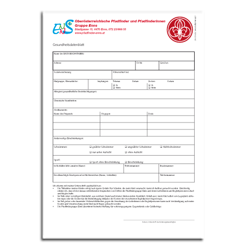 Vordruck GEsundheitsdatenblatt Pfadfinder Enns